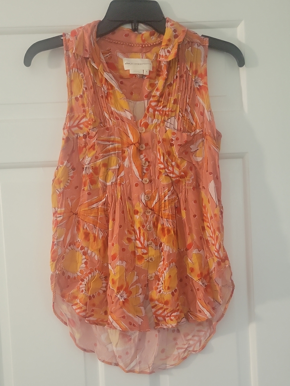Anthropologie Coral-Orange & Yellow Floral Sleeveless Button Front Blouse